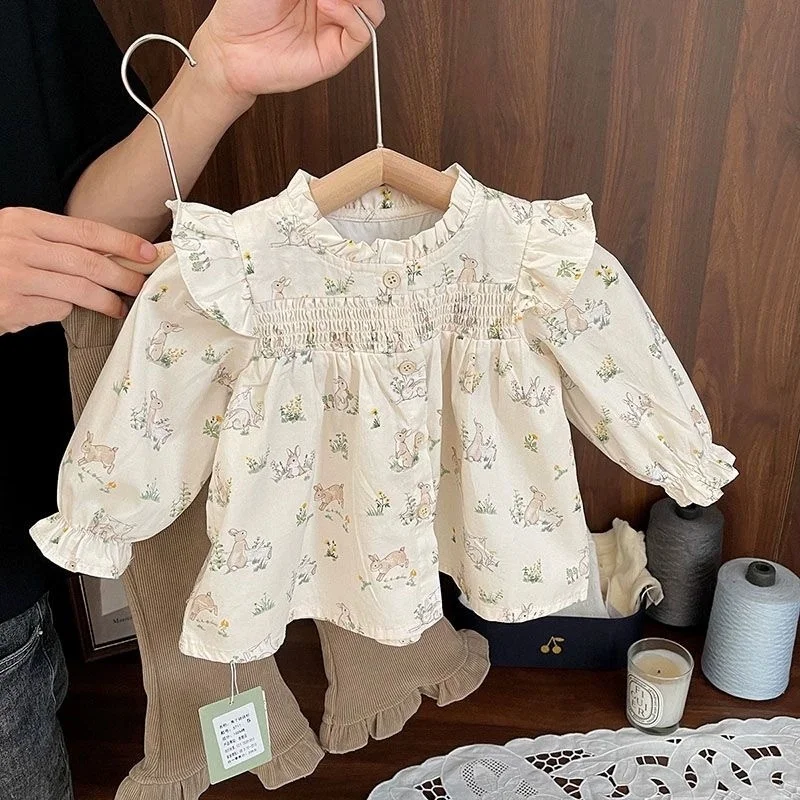 

Girl Spring 2026 Little Fresh Floral Rabbit Doll Shirt, Female Baby's New Versatile Shirt Top, 2-8 Year Old Children's Gift