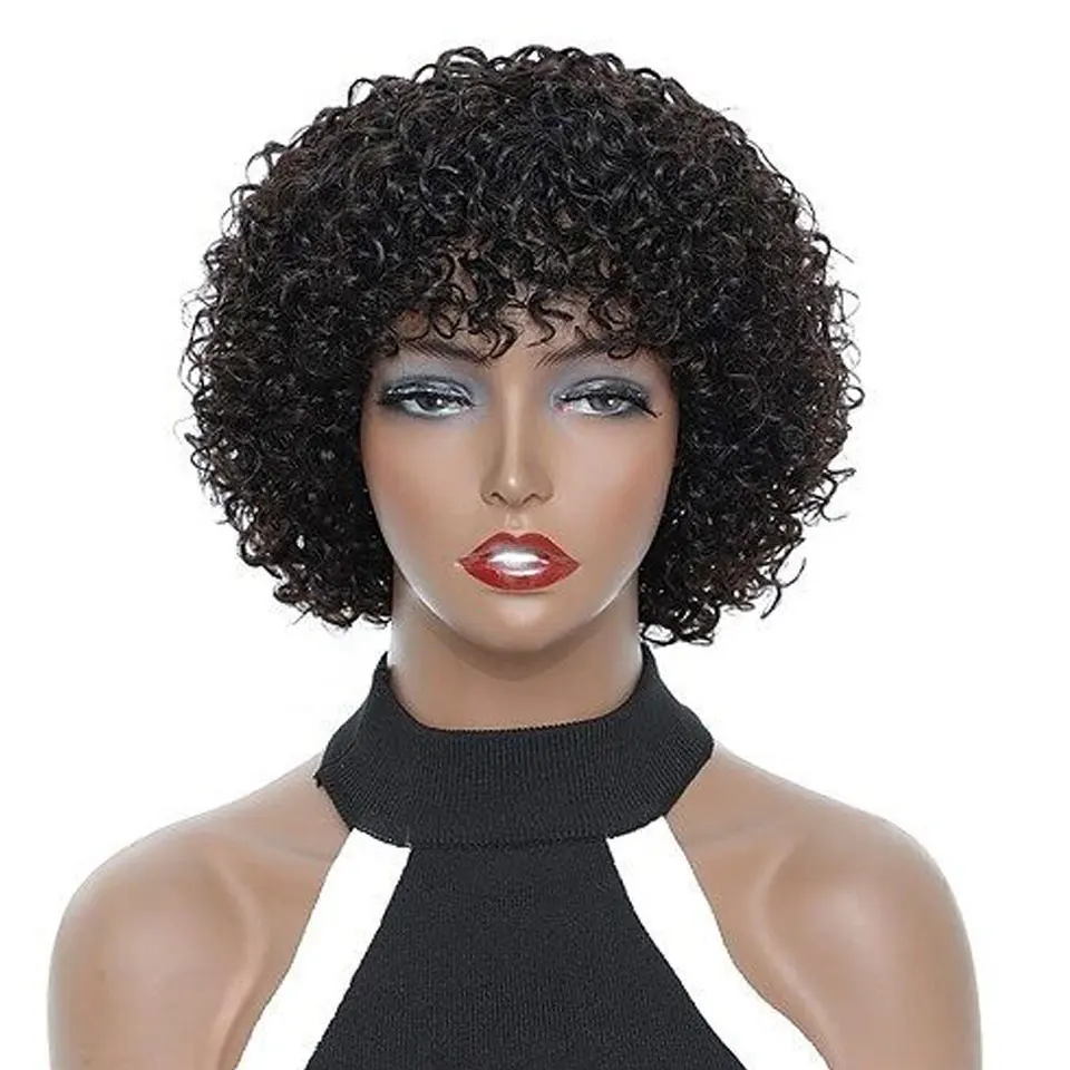 Sale Afro Kinky Curly Short Bob Wig With Bangs Silk Scalp Top Machine Made Wigs Brazilian Remy Hair  Wigs For Women