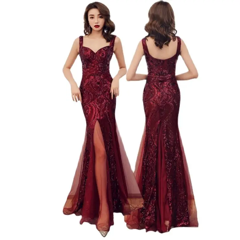 2024 Party Cocktail Evening Dress Red Bridal Wedding Dress Fishtail Long Sequin Suspender Dress Banquet Slim Fit Elastic Style