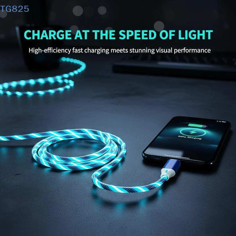 【AN】LED Flowing Light USB Charging Cable Fast Charge Low Power Consumption Glow Effect for Car Home Office Use