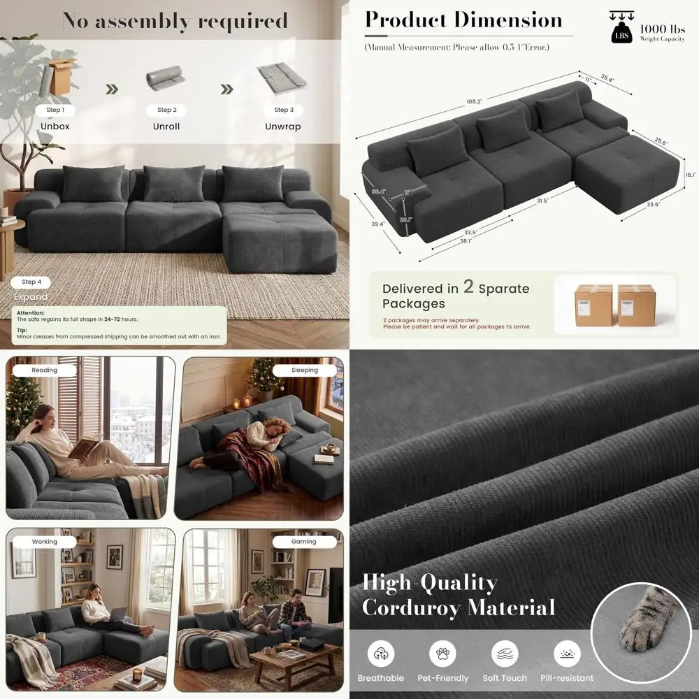 

Oversized Grey Corduroy L-Shape Sectional Sofa with Ottoman and 3 Pillows