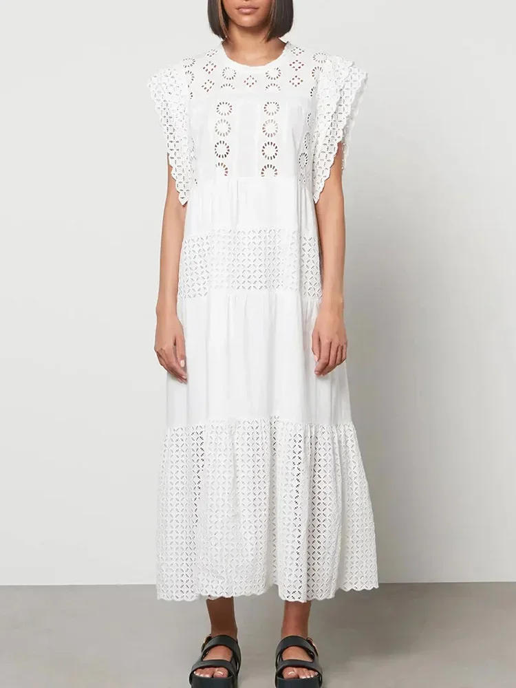 

2024 New Elegant Chic Embroidery Maxi Dress White Cotton Holiday Hollow Out Dresses Women Puff Sleeve Vintage Tiered Dress Now