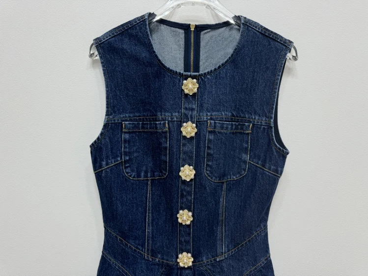 JAMERARY Brand Designer Summer Holiday Single Breasted Denim Jeans Dress Women Sleeveless A Line Pleated Short Vestidos Party