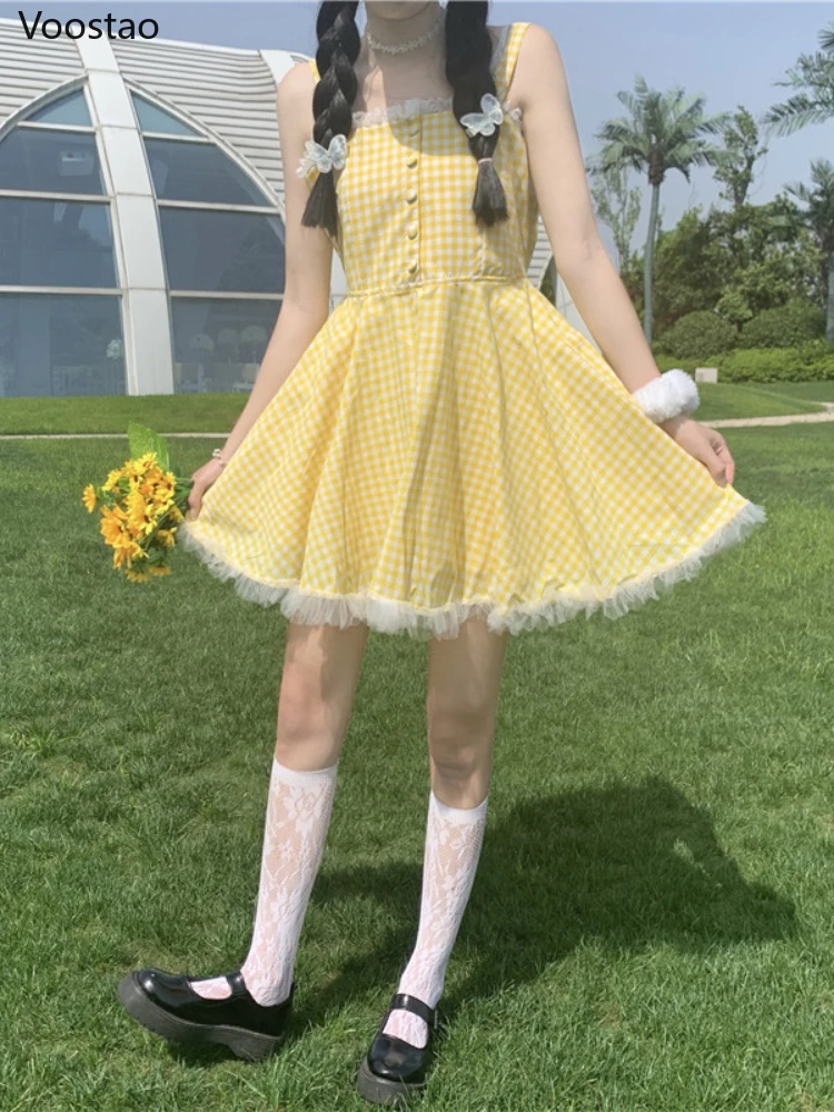 Japanese Sweet Cute Lolita Strap Dress Summer Women Kawaii Lace Yellow Plaid Mini Dresses Girly Harajuku Chic Holiday Vestidos