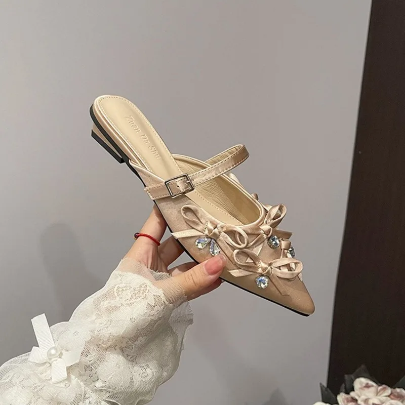 

New Womens Shoes Exquisite Rhinestones Bow Mueller Slippers for Woman Fashion Vacation Casual Shoes Designer Shoes Zapatos Mujer