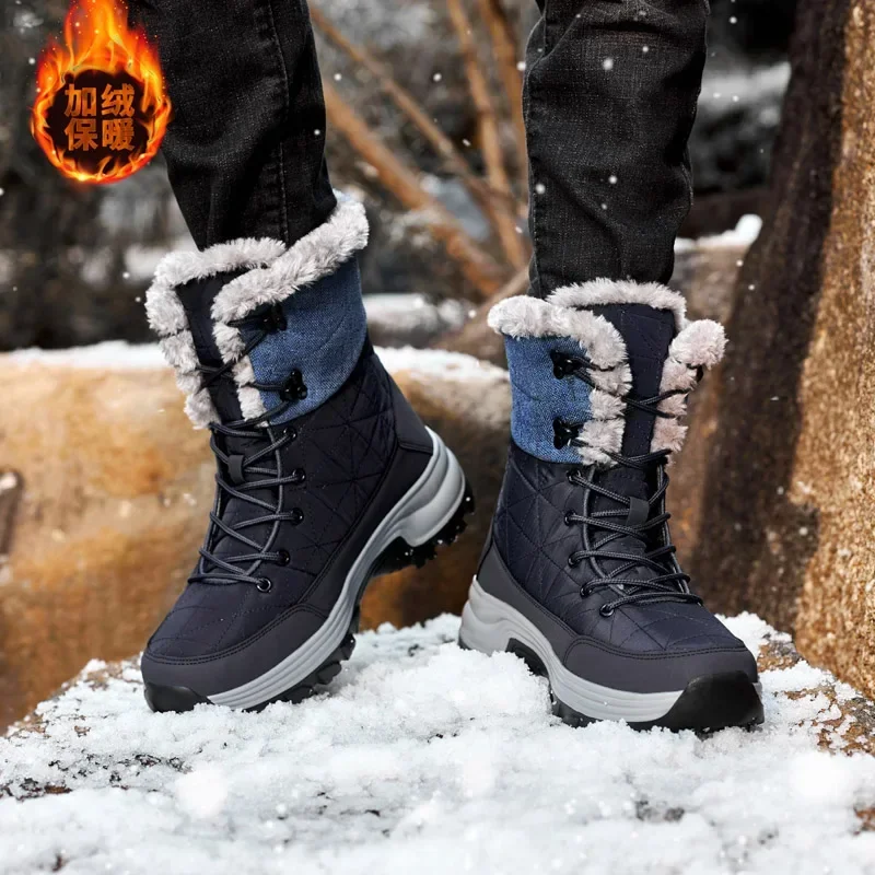 Winter Warm Plush Fur Snow Boots Waterproof Leather Men\'s Boots Outdoor Non-slip Work Boots Combat Desert Boots Motorcycle Boots