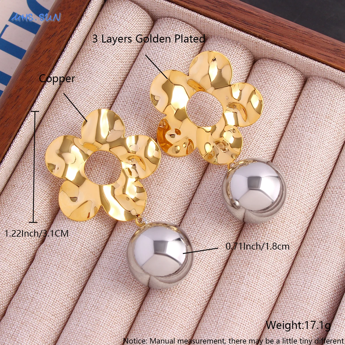 SUNSLL Hammered Flower Stud Earrings With Smooth Ball Pendant Gold Silver Color Luxury Banquet Jewelry Gift For Women Girls