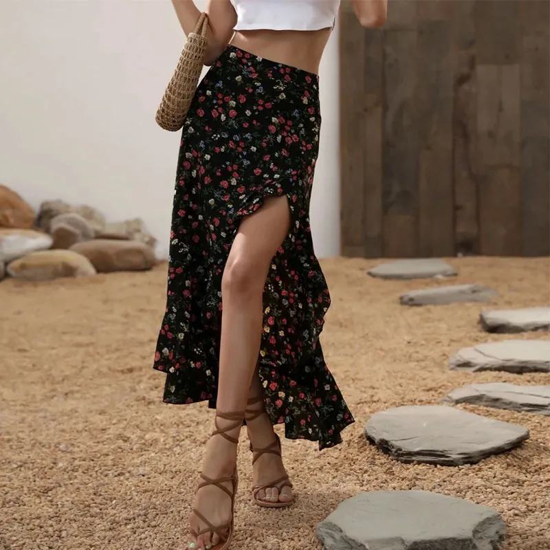 

Модная асимметричная женская юбка с принтом, летняя элегантная юбка А-силуэта с рюшами и эластичной талией, женские юбки Q3494