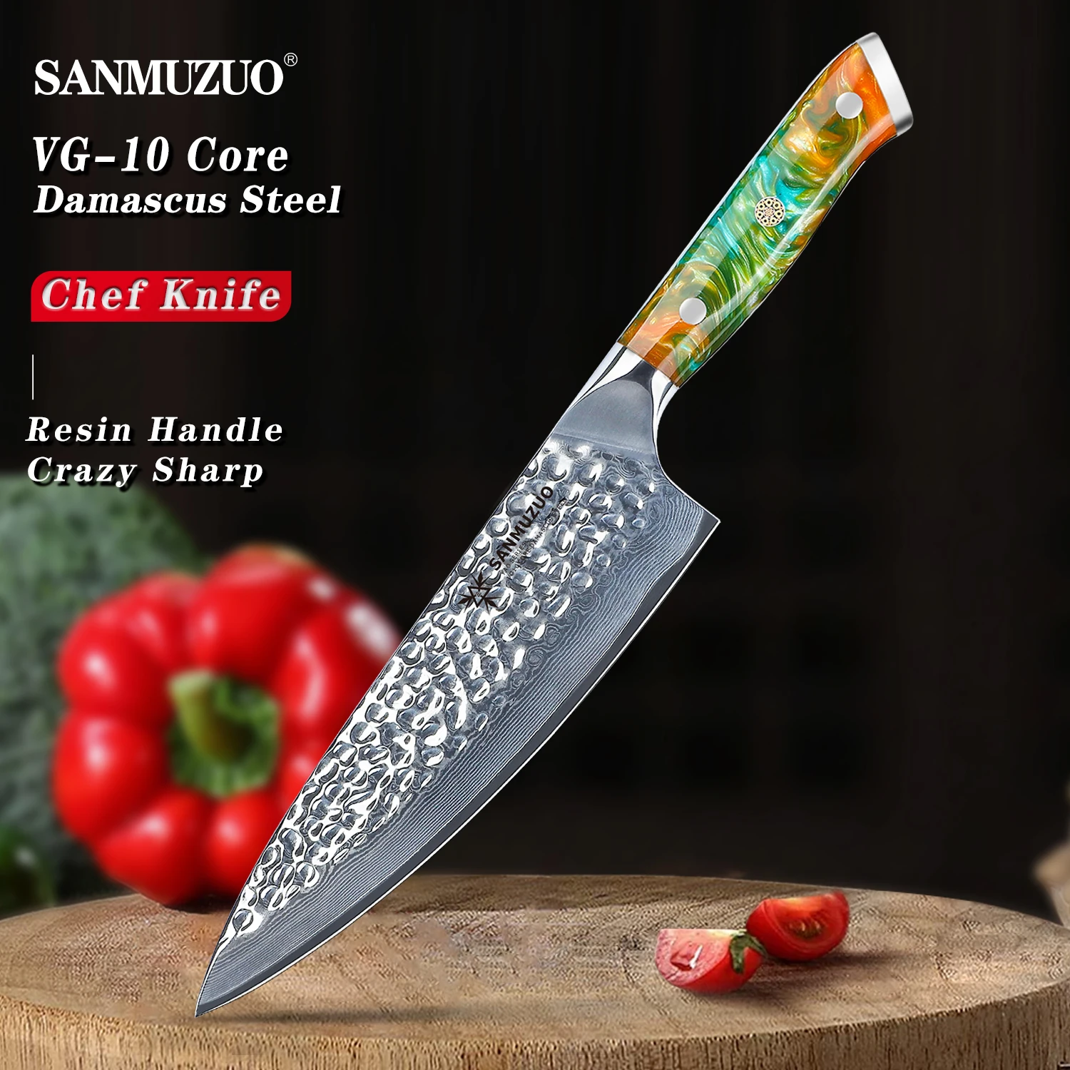 SANMUZUO Chef Knife - 8 inch - Yao Series - VG10 Damascus Steel Professional Kitchen Knife - Resin Handle