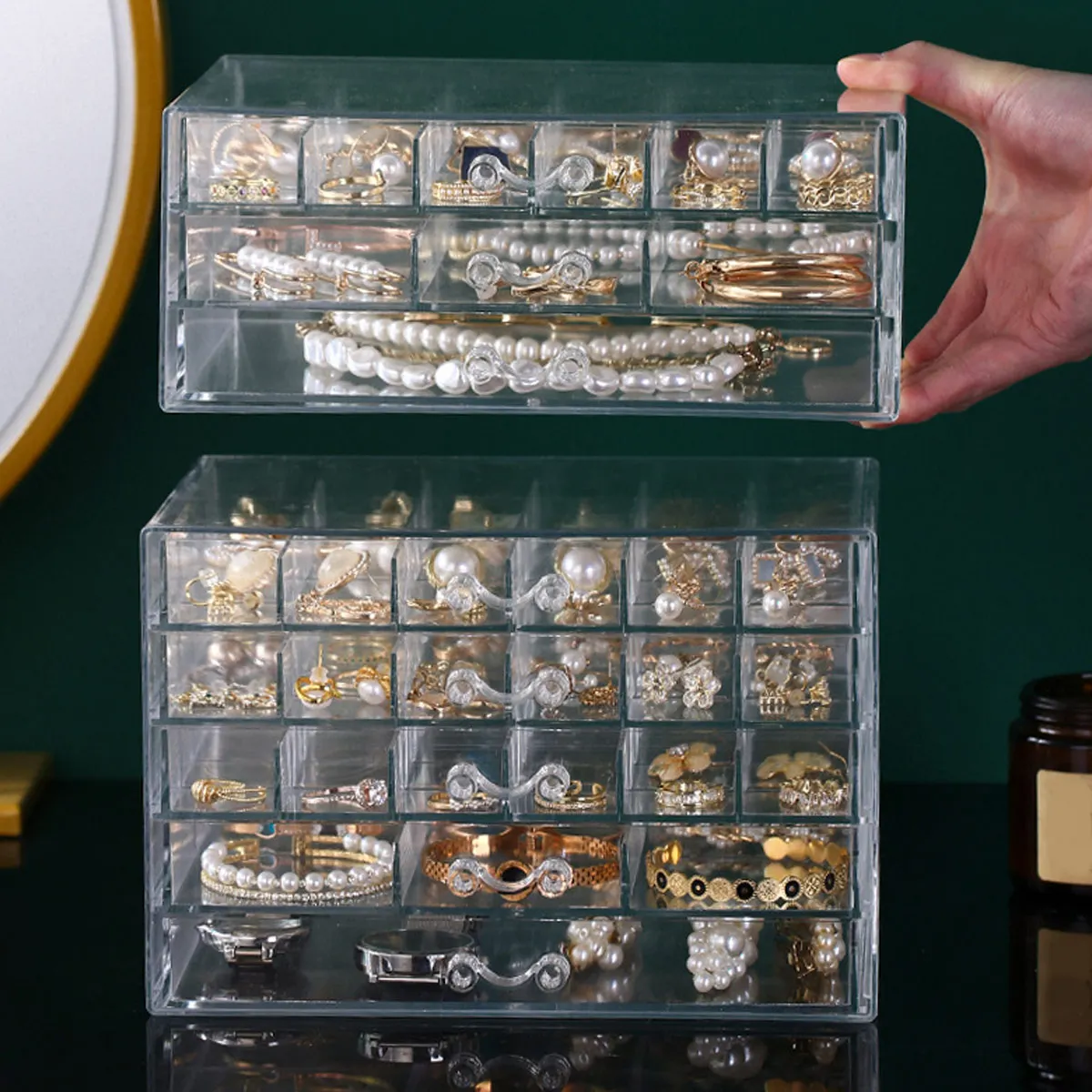 1 Stück Schmuck-Aufbewahrungsbox, Transparente Präsentationsbox, Organizer für Ohrringe, Ringe, Halsketten mit Fächern – Detail 1