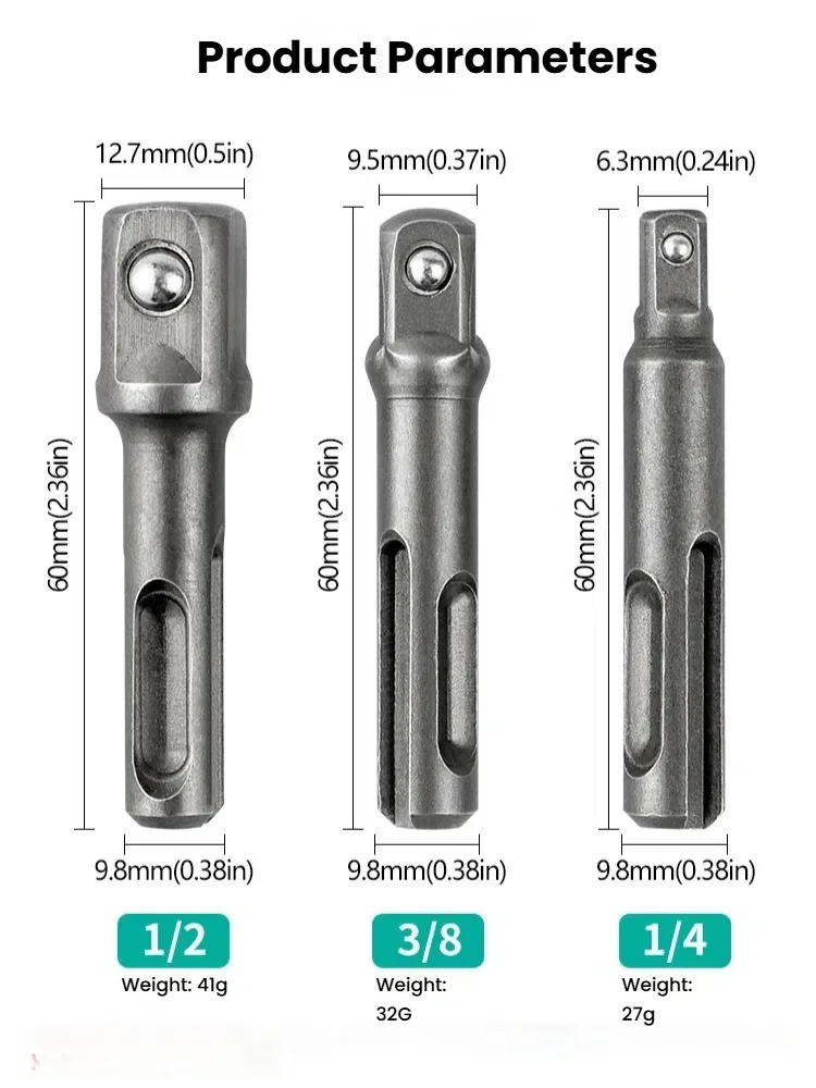 3pcs Socket Driver Set Drill Bit Adaptor 3/8 1/4 1/2" Hex Shank Converter Impact Drill Hammer Adapter Wrench Tools