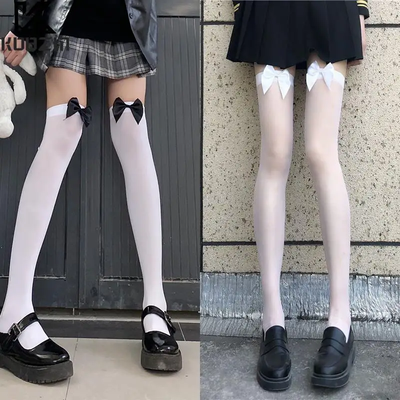 1Pair Cute Lolita Socks Thigh High Over Knee Socks Women Sexy Lace Stockings Nylon Long Socks Hosiery Anime Bow Stockings