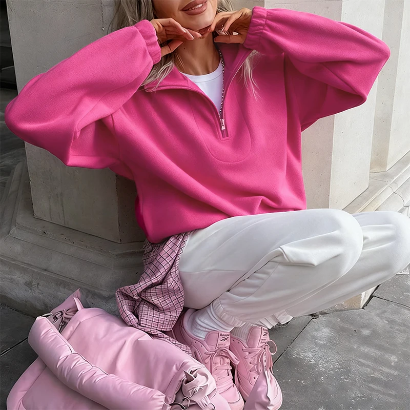Rosa Winter-Lammfell-Hoodie für Damen mit Reißverschluss und Kragen, Fleece-Pullover für Frauen – Detail 9