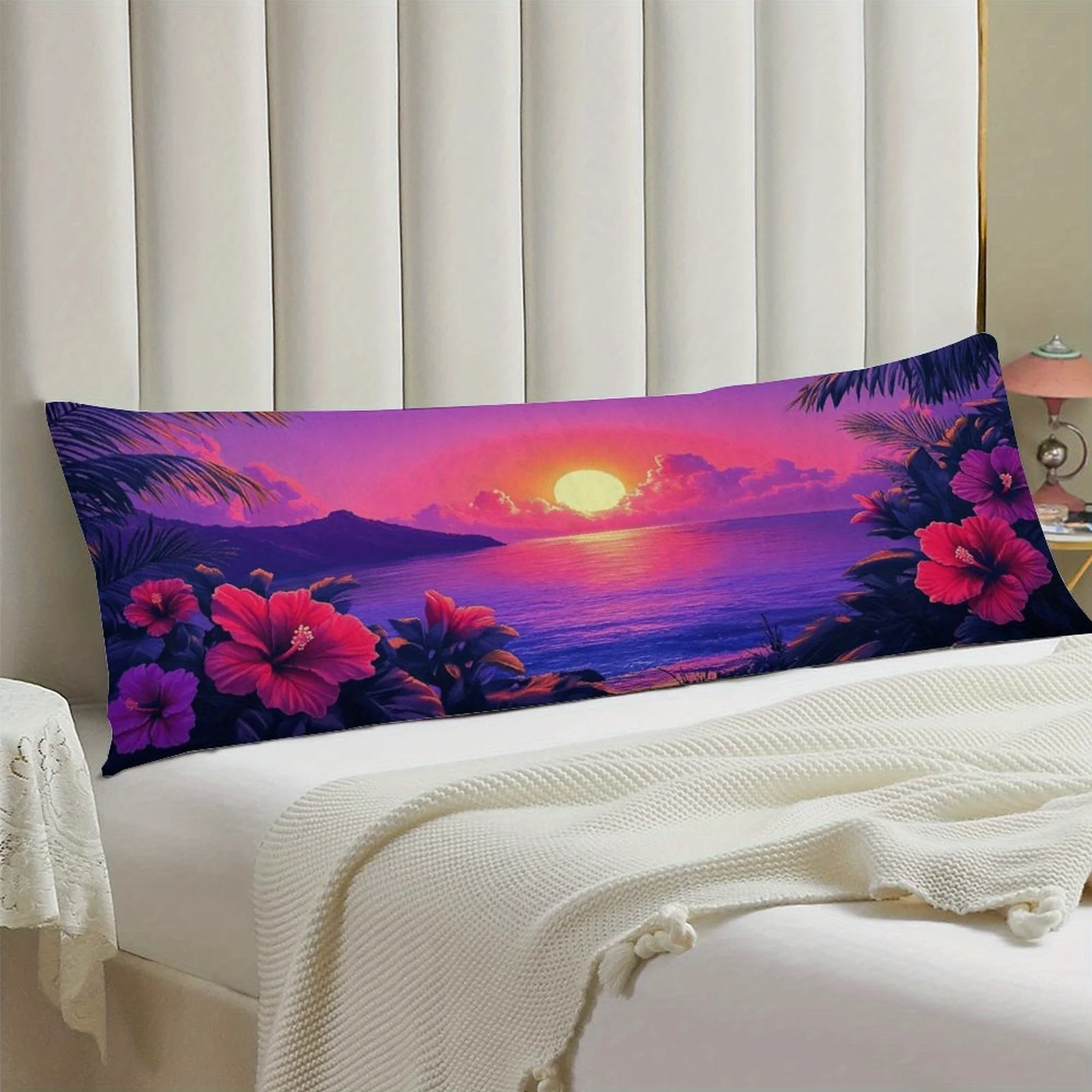 Extra Long Pillowcase - Tropical Beach Sunset Design, Purple Pink Orange Gradient, Soft Fleece Fabric Large Cushion Cover, Suita