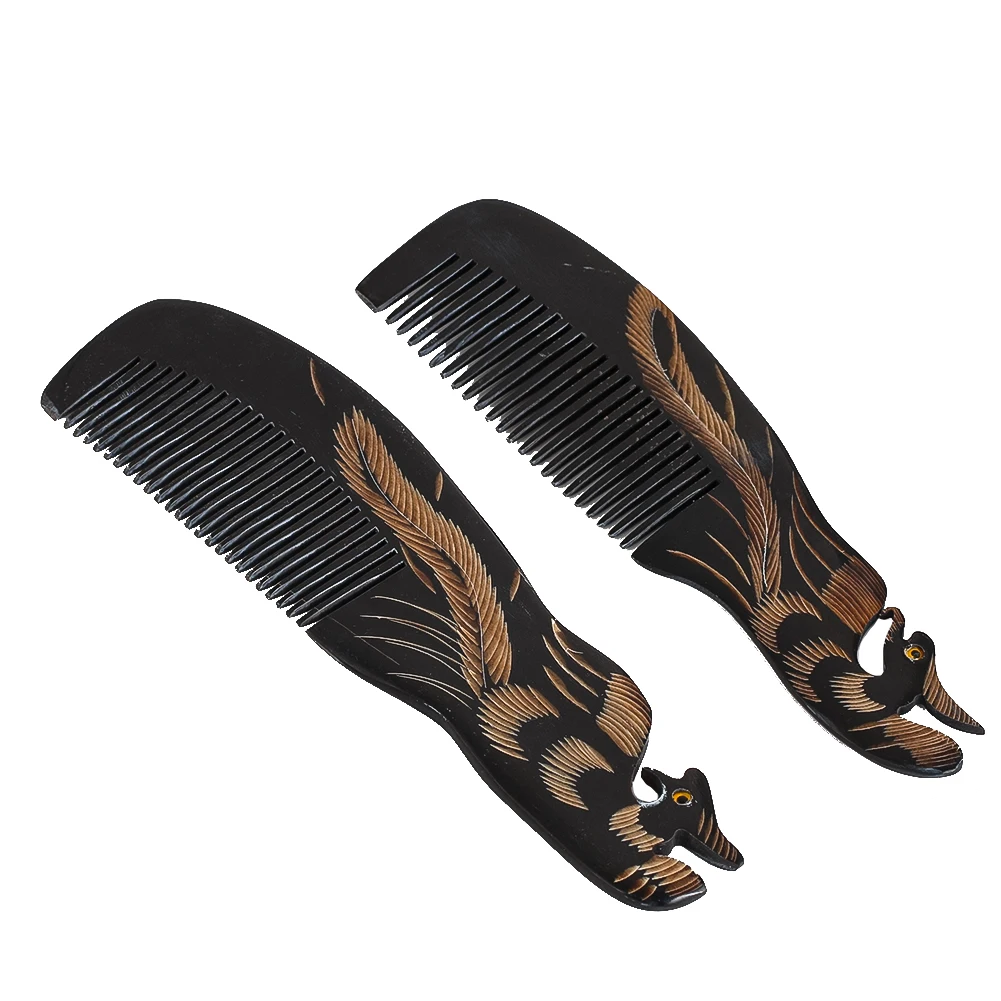 Natural Ox Horn Hair Comb Anti Static Massage Brush Retro Phoenix Peacock Mandarin Duck Design for Woman Scalp Health Gift
