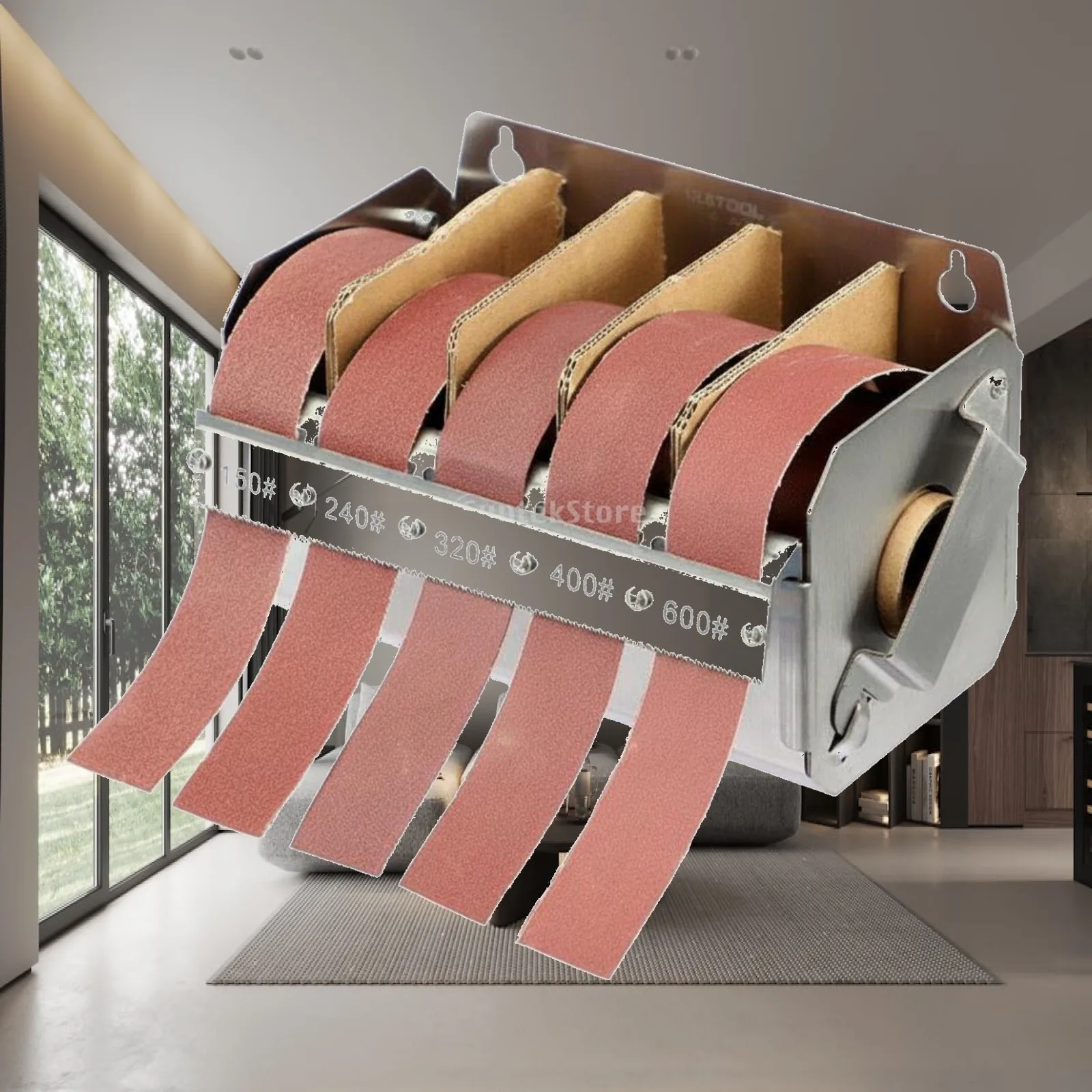 sanding-sheet-roll-holder-stainless-steel-grit-dispenser-for-150-240-320-400-600-abrasive-belt-organizer