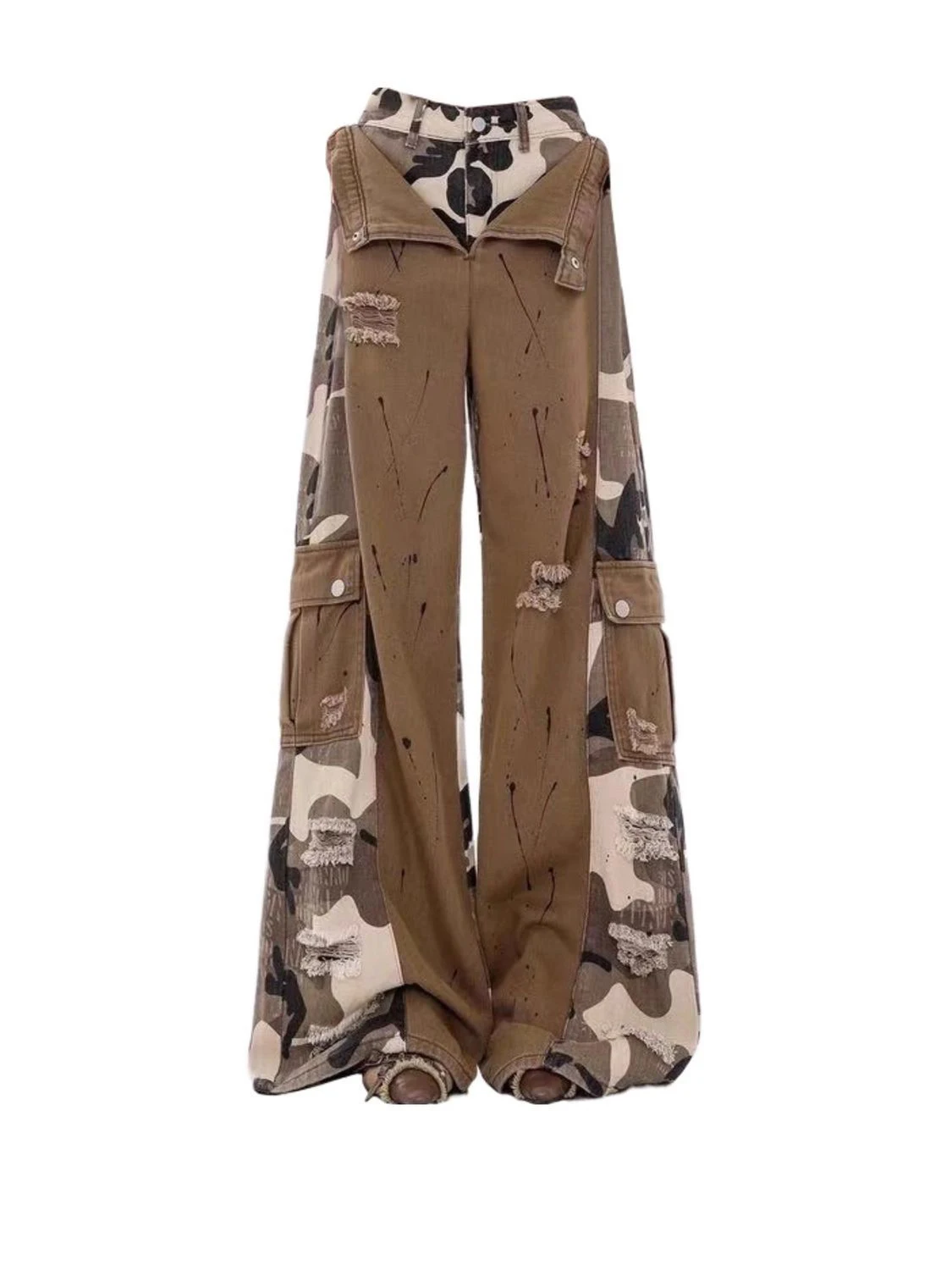 two-piece splicing jeans women's autumn camouflage tooling sweet cool personality trendy babes wide-leg mopping pants