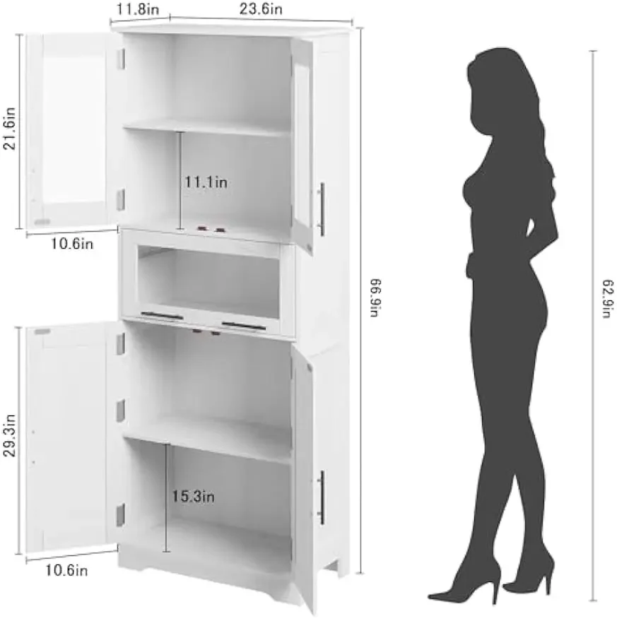 Tall Bathroom Cabinet, Kitchen Pantry Cabinet with Glass Doors and Adjustable Shelf, Freestanding Floor Storage Cabin