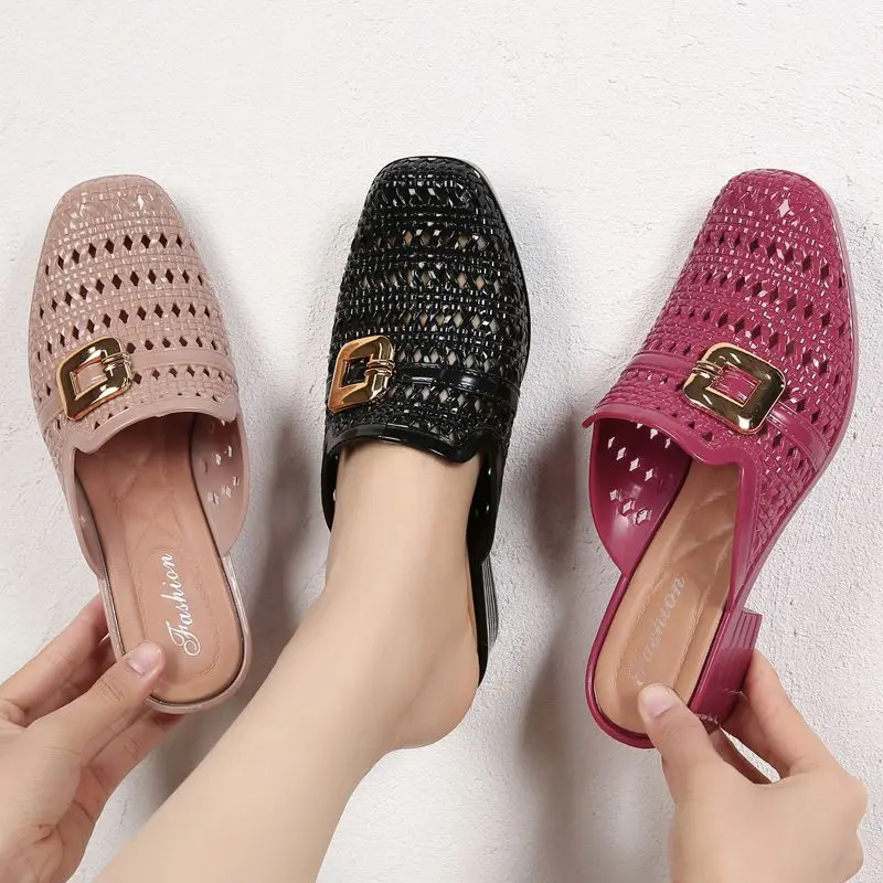 2024 New Women Hollow Out Slippers,Summer Mid Heels,Soft Beach Shoes,Buckle Slides,Outside Footwear,BLACK,APRICOT,RED,Dropship