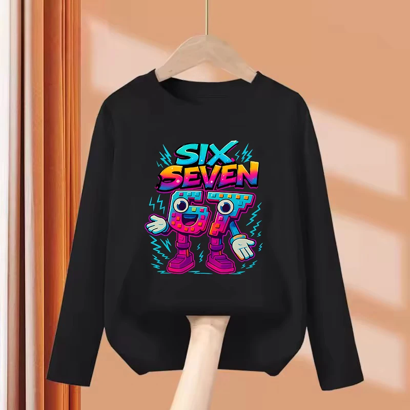 Niedliches, lustiges Six Seven Italian Brainrot 67 Number T-Shirt mit Grafikdruck für Jungen/Mädchen, Sommer-Langarmshirt für Kinder, bequemes T-Shirt-Oberteil