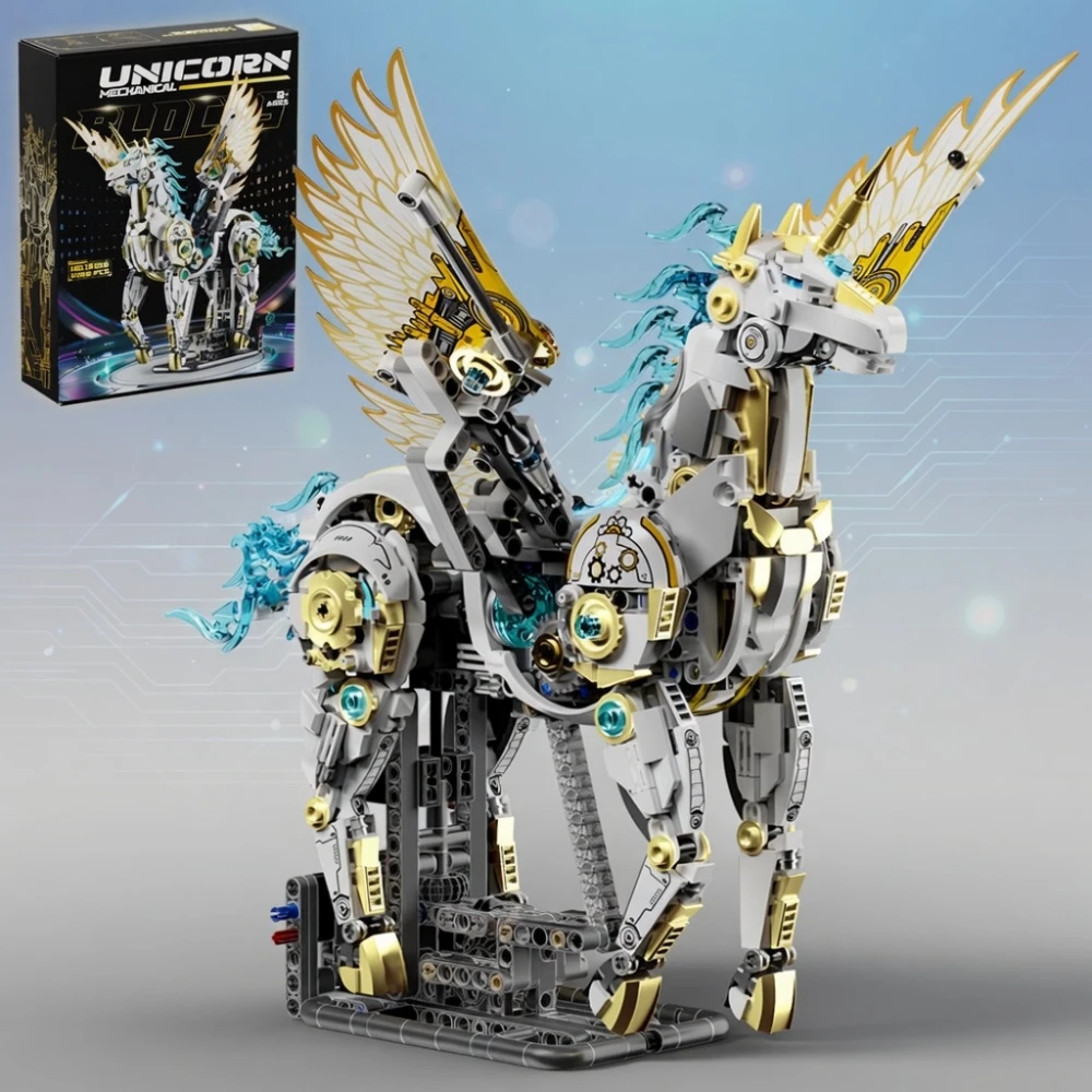 Fairytale Mythical Unicorn Pegasus Building Blocks 1499pcs Technical Mechanical Animal Linkage Model Light STEM MOC Bricks Gift view 5