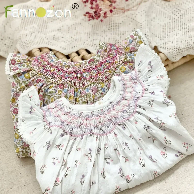 100% Cotton Smocking Hand Embroidery New Toddler Girl Dresses Baby Summer Dress Kids Girls Flying Sleeves Casual Soft Girl Dress