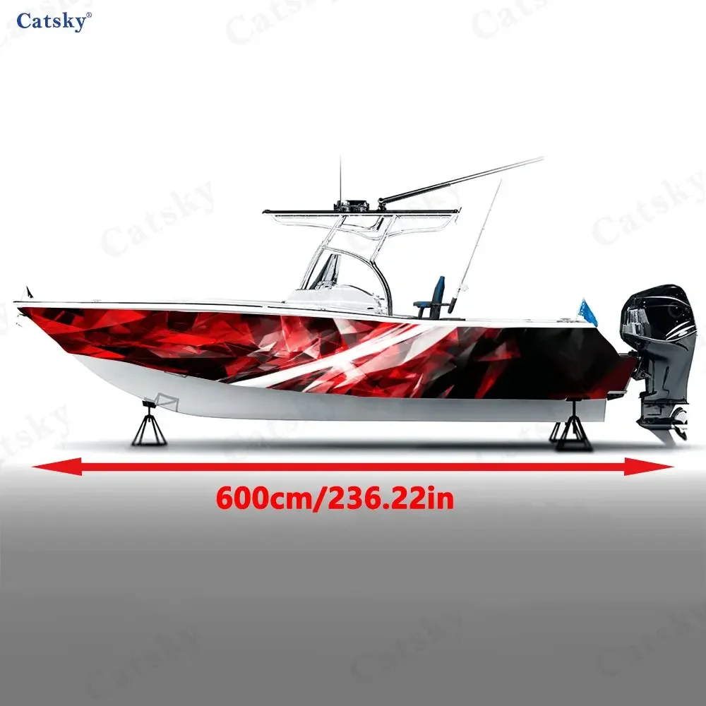 Crimson Cracked Crystal Lightning Boat Stickers, PVC Waterproof Vinyl Wrap Decals for Fishing Boats, Durable and Stylish Design