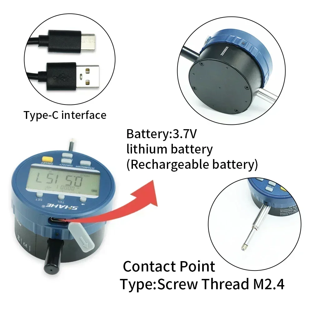 SHAHE 1μm Resolution High Accuracy Digital Dial Indicator 0-12.7 /25.4/50.8mm Rechargeable Dial Indicator Gauge IP54/IP65