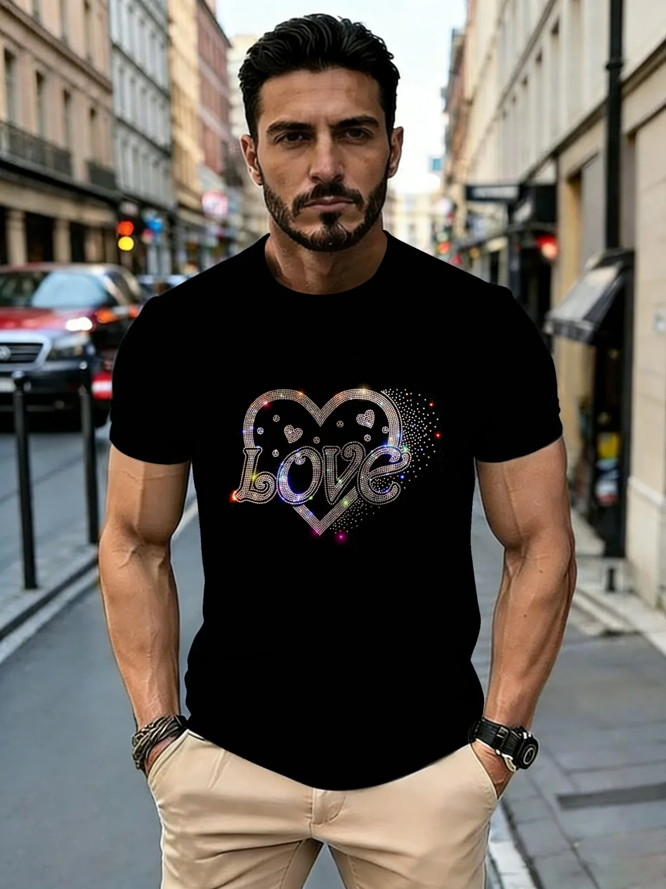 T-shirt respirant pour homme avec imprimé cœur - Tee-shirt léger à col rond pour l'été, coupe confortable, chemise décontractée adaptée à la rue