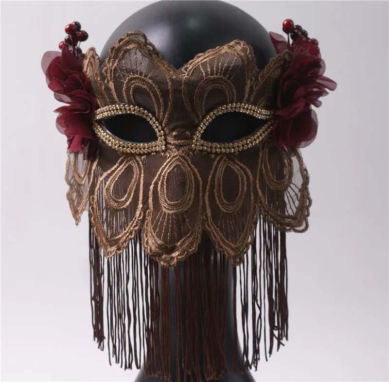 

Coffee colored full face singing mask, lace tassel decoration, beauty party, mask, party performance,