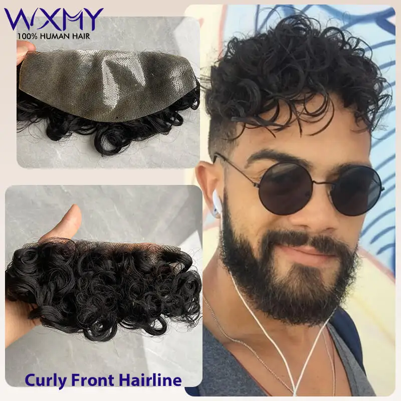 

Curly Hair Realistic Front Hairline Thin Skin Base Toupee Men Male Wig V Style Front Natural Human Hair Men's Forehead Hairline