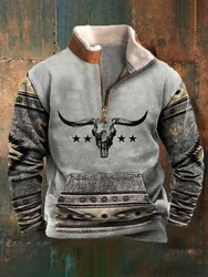 2025 Winter fashion Men's 3D printed pullover loose zipper Hoodie Long sleeve stand collar plus fleece top S-5XL