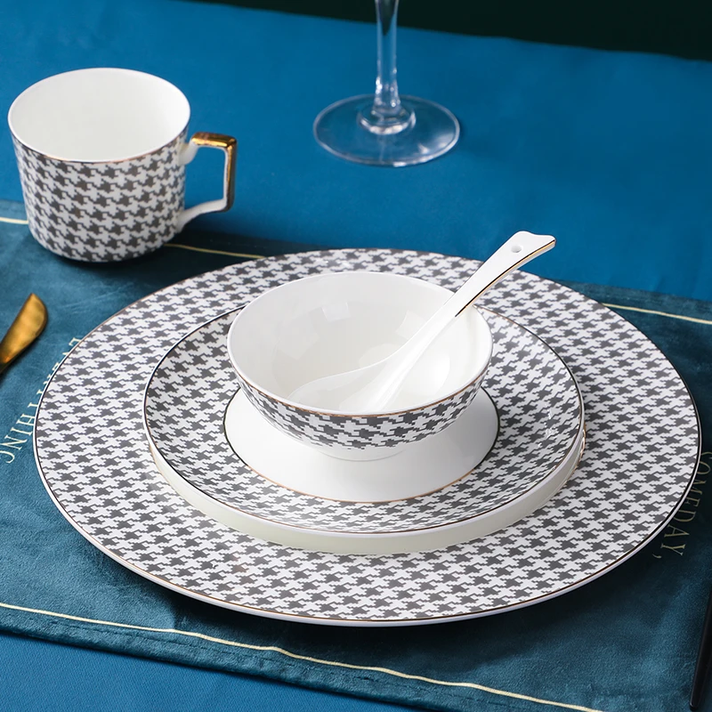 

Bone china hotel tableware set high-end Chinese club box restaurant plate dish unit houndstooth plate اطباق طعام