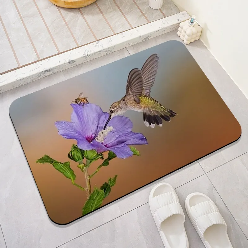 Hummingbird Bee Purple Flower Rectangular Door Mat, Floor Mat, Wild Bird Flower Print, Entrance Kitchen Carpet Decoration