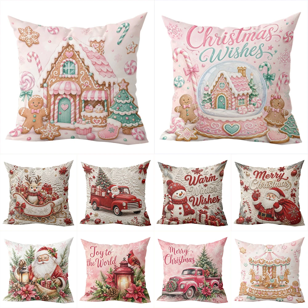 1pcs Christmas Throw Pillow Covers Pink Festive Holiday Decorative Pillowcases for Winter Home Sofa Bed