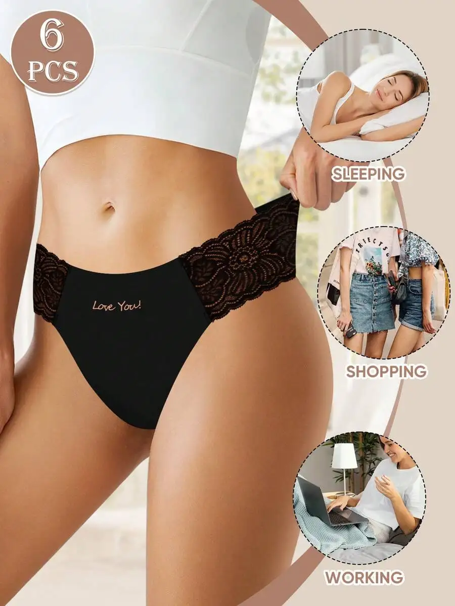 

6 Pairs Women Low Waist Lace Panties Solid Color Comfortable Underwear