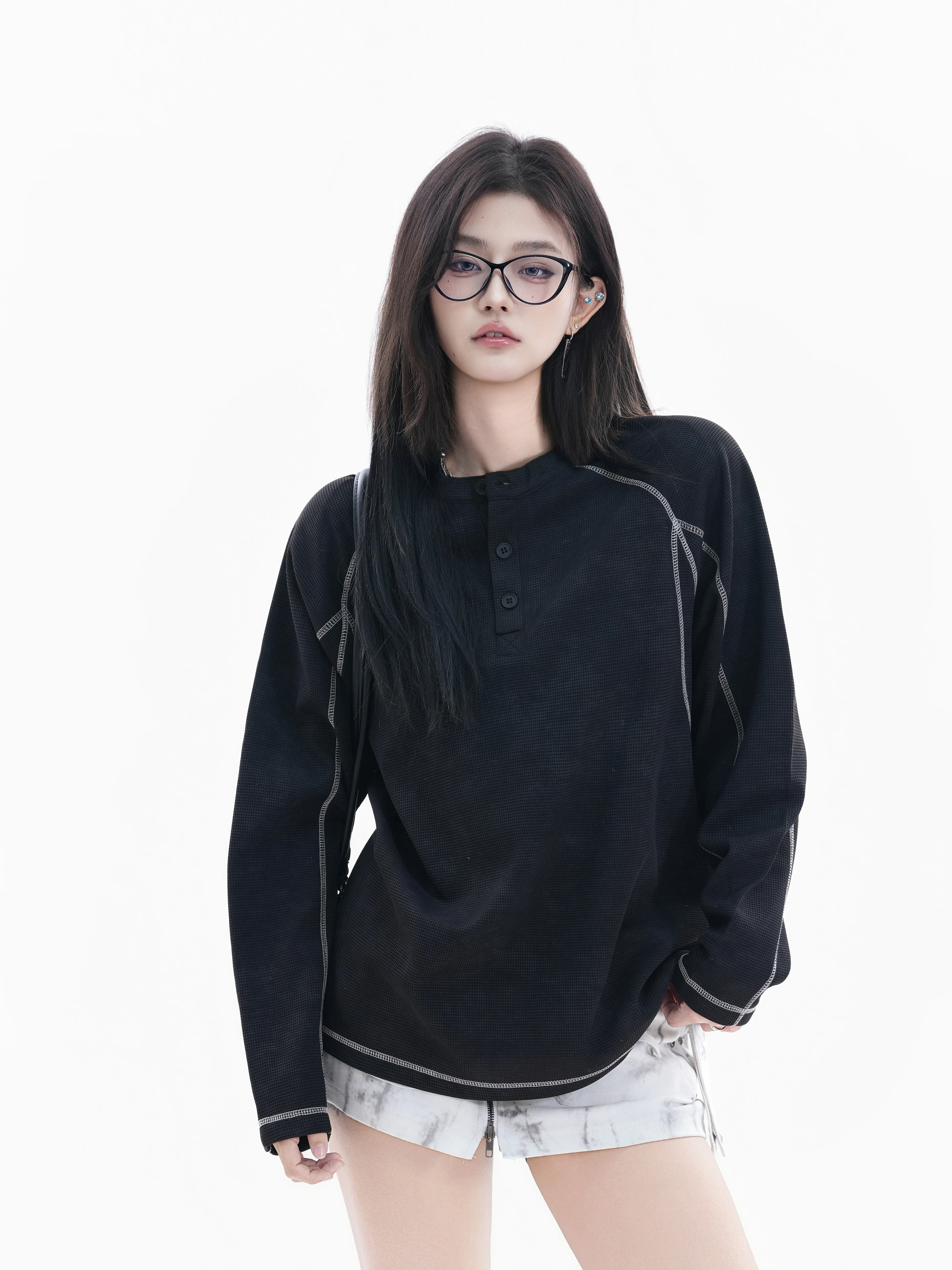 

Loose Fit Long Sleeve T-Shirt Henry Collar Base Layer Shirt Couple's Top Casual Style Polyester Fabric round Neck Design
