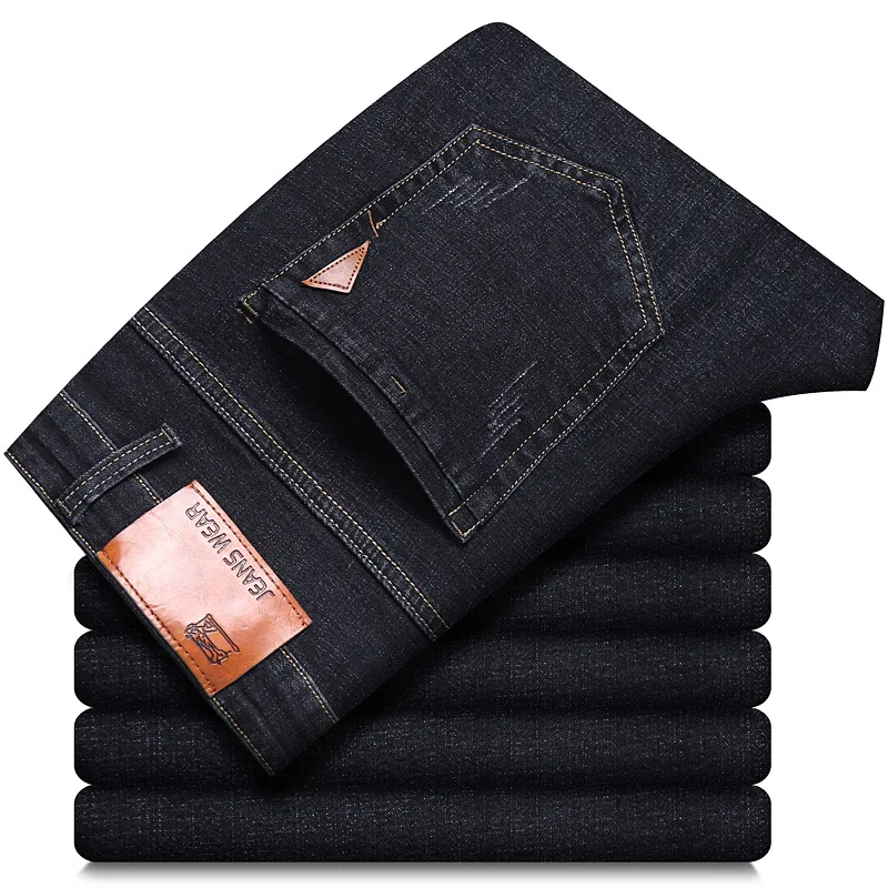 Pantalones vaqueros elásticos ajustados clásicos de otoño 2025 para hombre, pantalones de pierna recta vaqueros de algodón informales de negocios, pantalones negros y azules para hombre