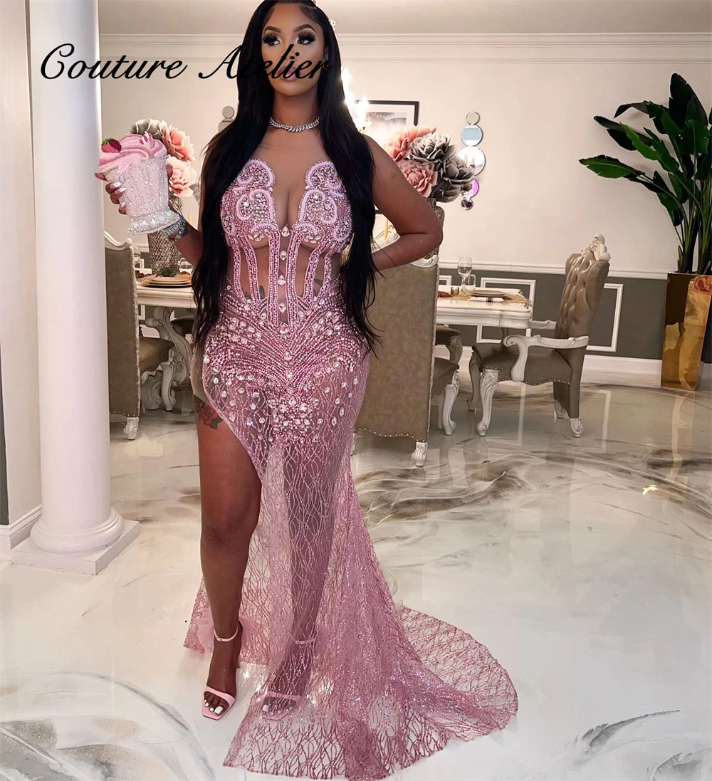 

Appealing Pink Split Prom Dresses Black Girls Beaded Rhinestones Baddie Dress For Birthday Mermaid Mini Cocktail Gown Customized