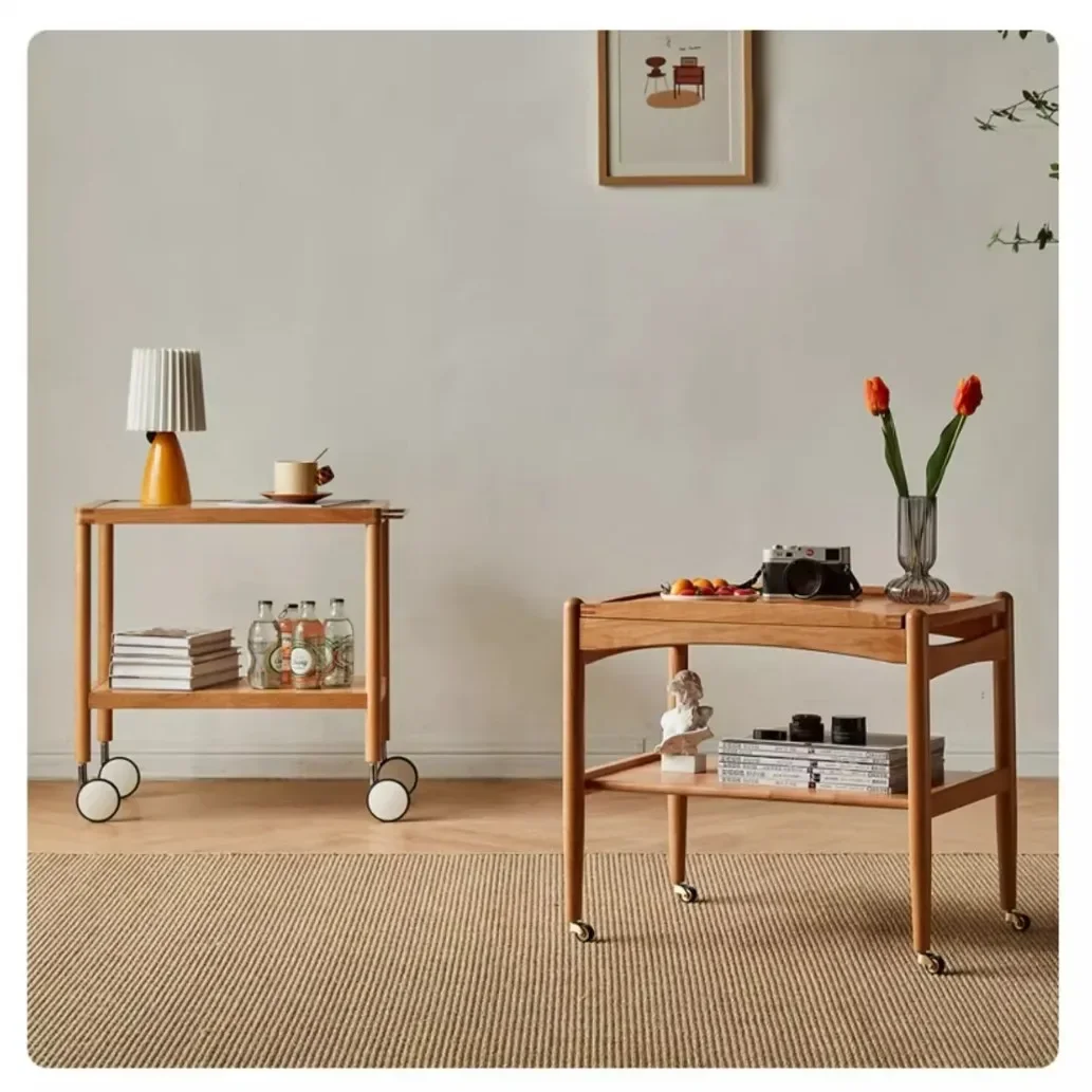 Living room cherry wood log coffee table Japanese movable trolley with wheels