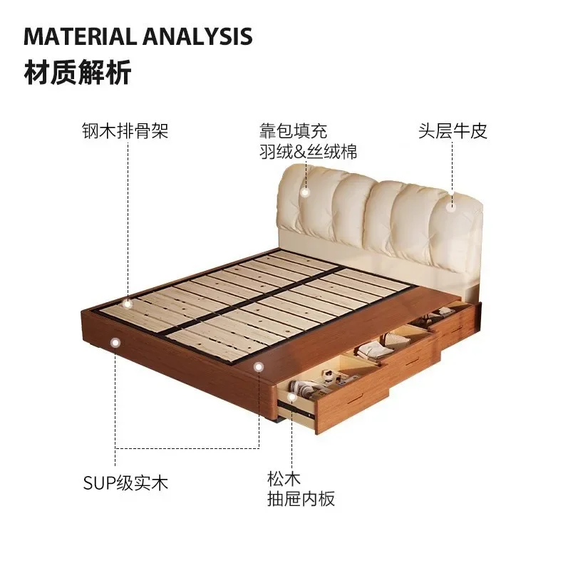 Cama nube, bolsa suave de cuero retro con cajón de almacenamiento, dormitorio principal, minimalista italiano, doble de madera de fresno
