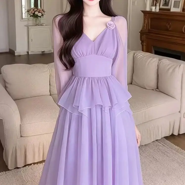

Popular French Hepburn Wind Purple Waist Three-Dimensional Flower Dress 2026 Women's Spring New Niche Chiffon Dress