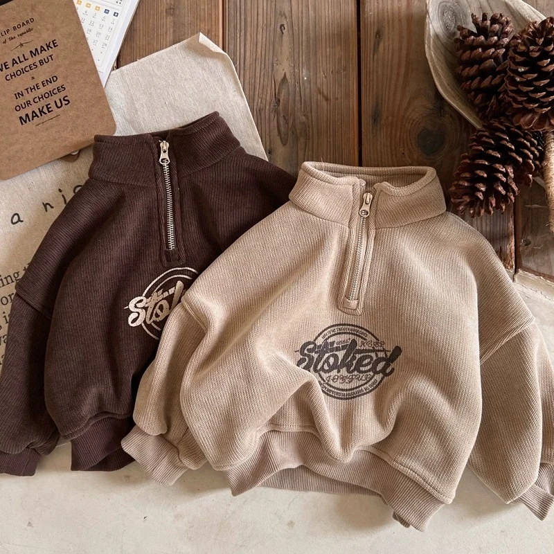 

Boys Thick Velvet Hoodie Sweatshirt Khaki Cotton Winter Warm Windproof Baby Kids Children's Clothing 2025 Autumn