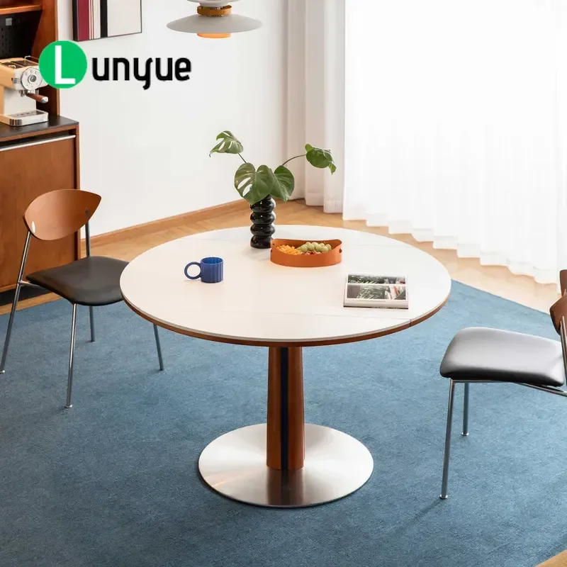 Nordic Modern Retractable Folding Dining Table Set 6 Solid Wood Base Rock Slab Square to Round White Convertible for Home