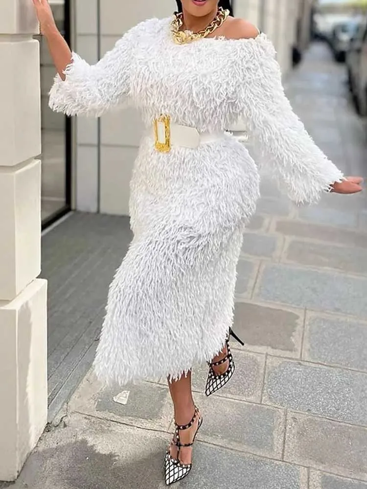 Vestido de noite de inverno feminino manga longa fora do ombro branco vestidos elegantes com cinto chique vestido de pele sintética atacado dropshipping