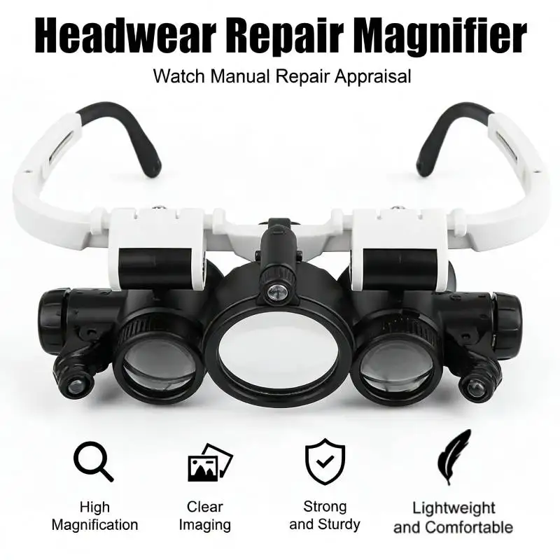 

2 LED Light Watch Jeweler Repair Magnifier Head-Mounted Headband Adjustable Magnifying Head Eye Glasses Loupe Lens 8X 15X 23X