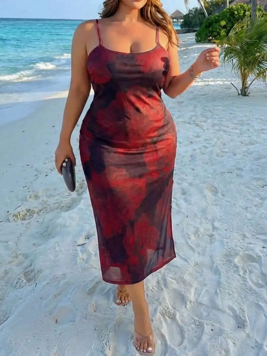 

Plus Size Sleeveless Cinched Waist Floral Print Sexy Vacation Red Midi Wrap Dress Spring Summer