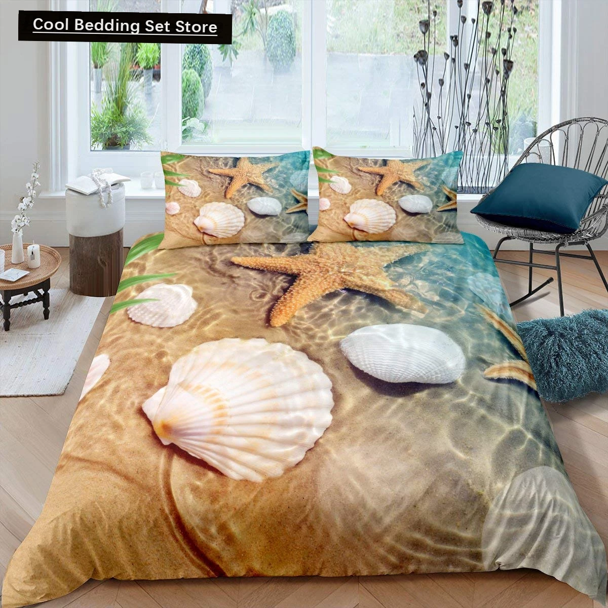 Beach Starfish Seashell King Queen Duvet Cover White Ocean Creatures Bedding Set Hawaii Quilt Cover Polyester Comforter Cover