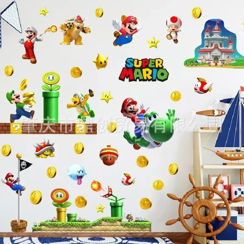 Super Mario Anime Figura Luigi Yoshi PVC Adesivo da parete autoadesivo Poster Camera da letto per bambini Decorazione porta in vetro Regali di