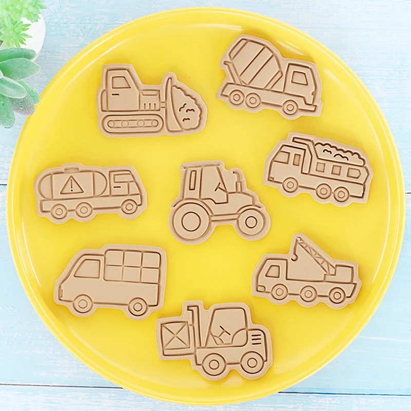 8PCS Engineering Truck Cookie Cutter Plastic 3D Cartoon Pressable Biscuit Mold